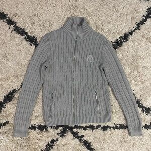 Lauren Ralph Lauren Grey Cable Knit Zip Up Old Money Preppy Classic Sweater